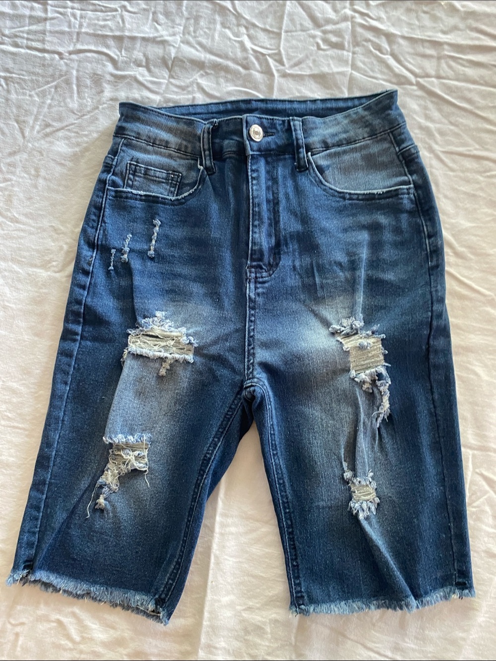 High-Rise Distressed Dark Blue Denim Bermuda Shorts for Women